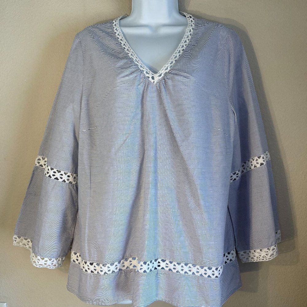 Peck & Peck Navy White Stripe Cotton Lace Trim Blouse Top Large
